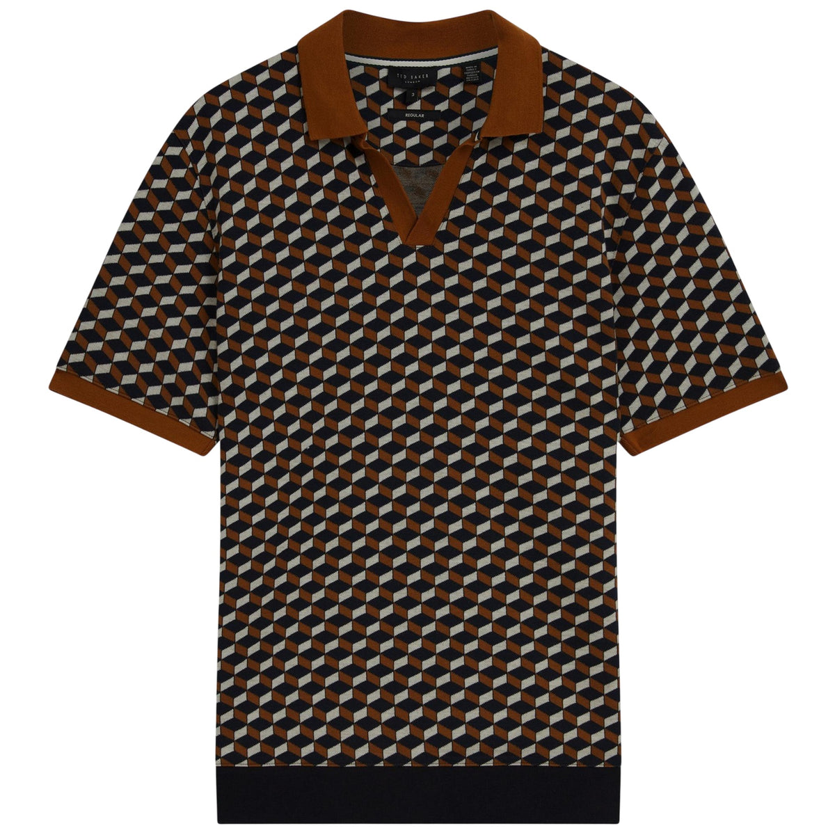 Brown-Tan - Front - Ted Baker Mens Geometric Jacquard Collared Polo Shirt