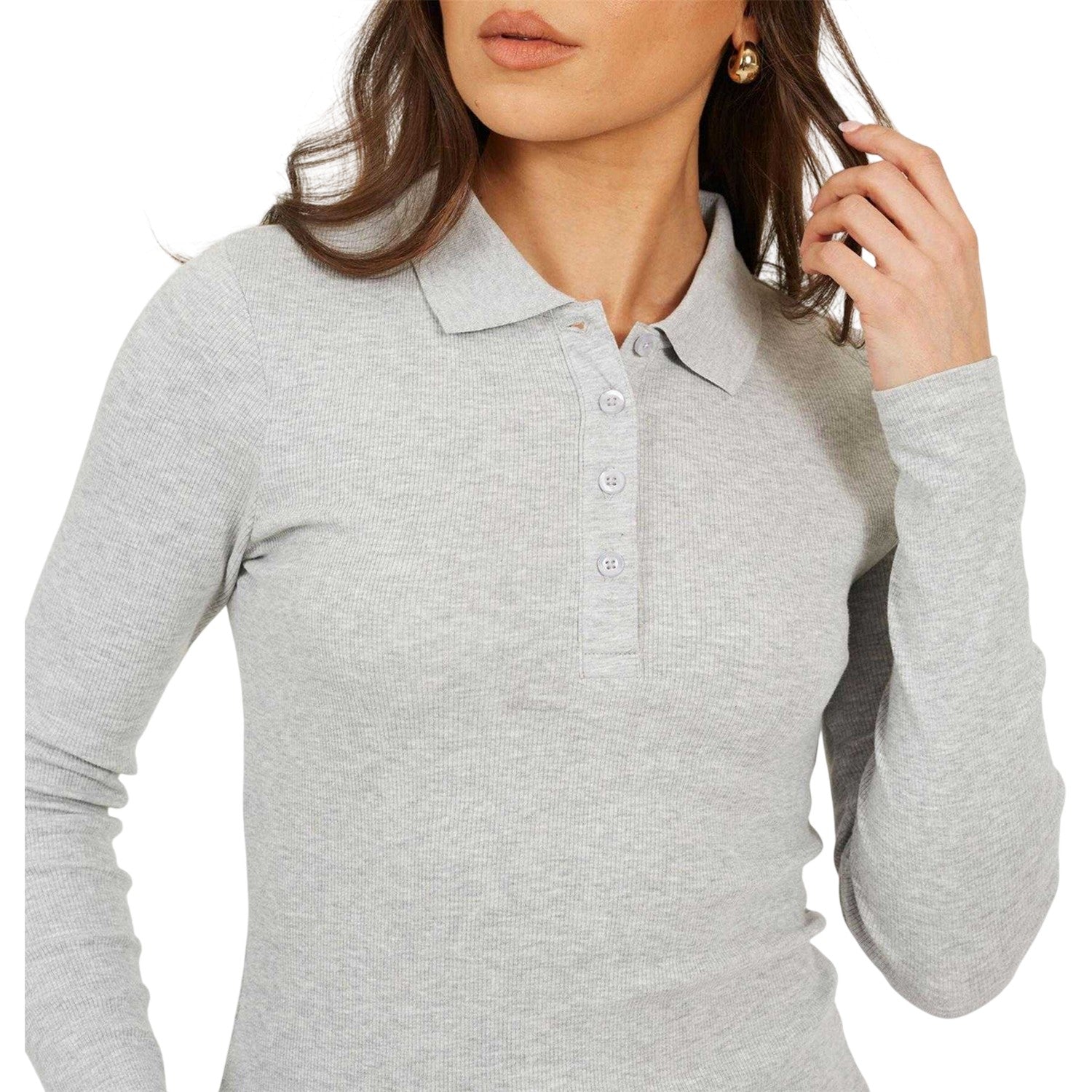 Grey Marl - Side - Brave Soul Womens-Ladies Ribbed Polo Shirt