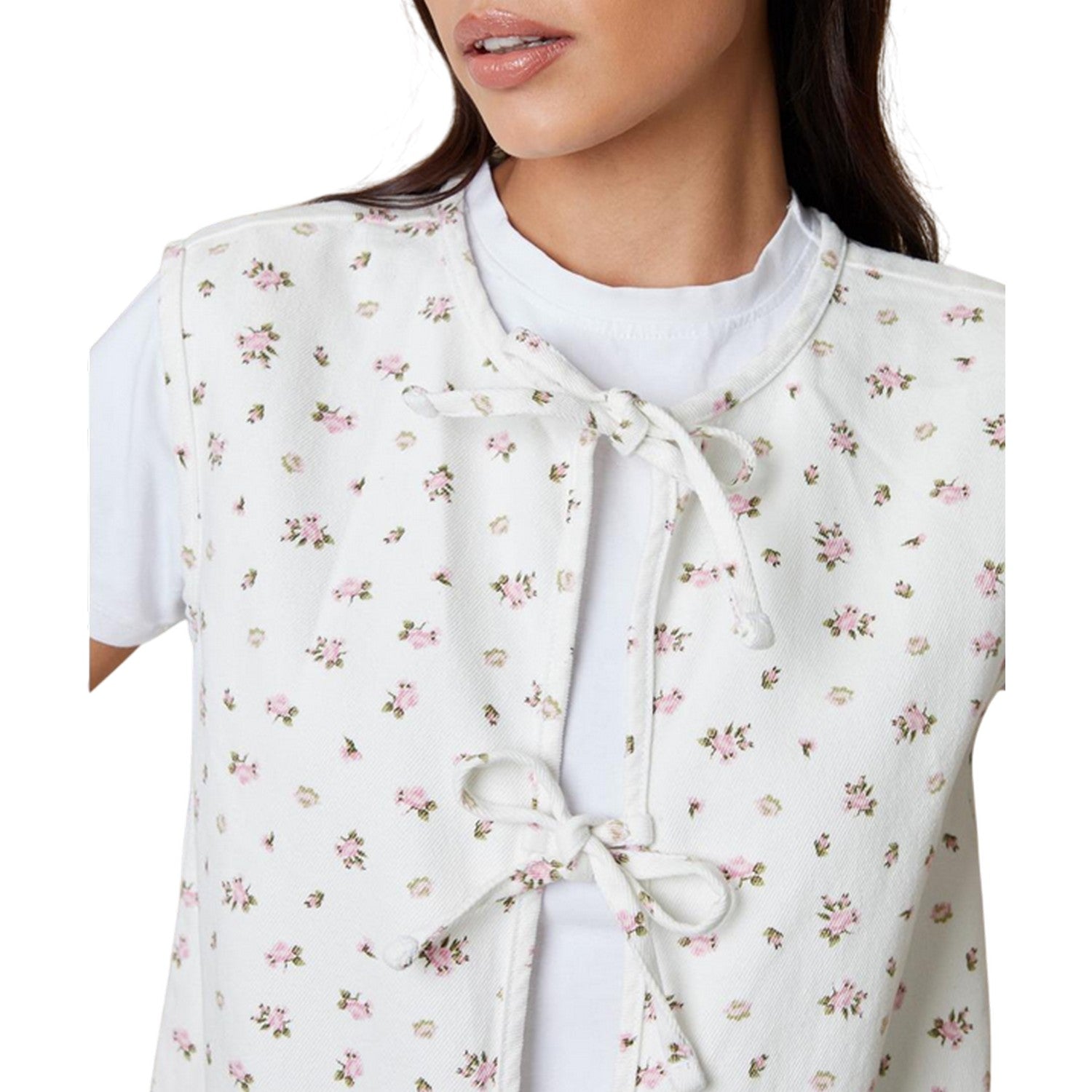 White - Lifestyle - Threadbare Womens-Ladies Floral Front Tie Sleeveless Top