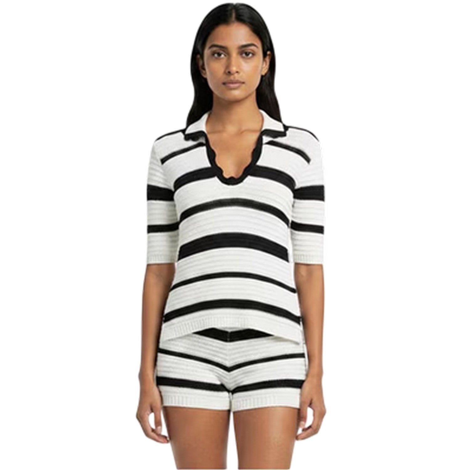 Cream-Black - Side - I Saw It First Womens-Ladies Knitted Polo Shirt