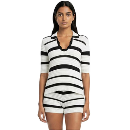 Cream-Black - Side - I Saw It First Womens-Ladies Knitted Polo Shirt
