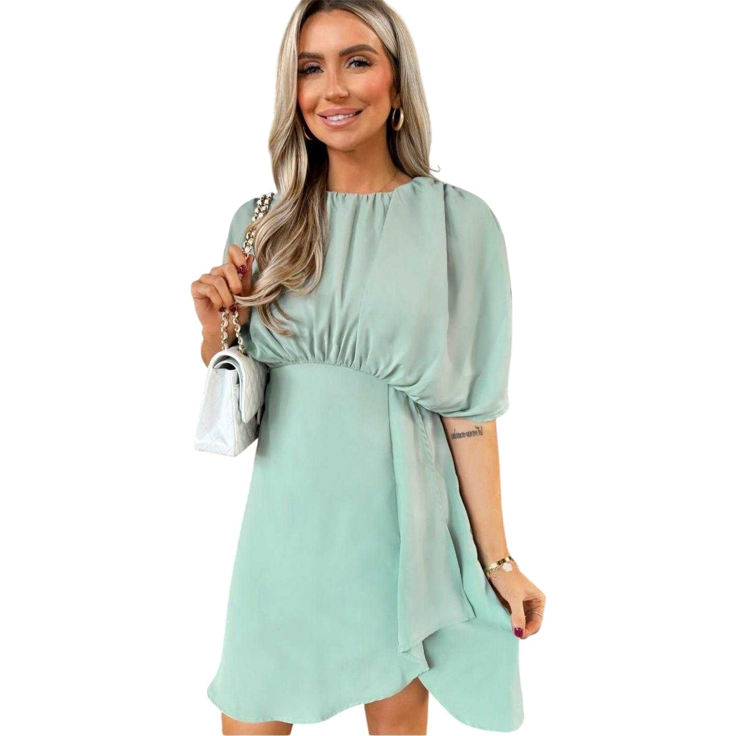 Duck Egg - Back - AX Paris Womens-Ladies Ruched Shoulders Batwing Sleeve Mini Dress