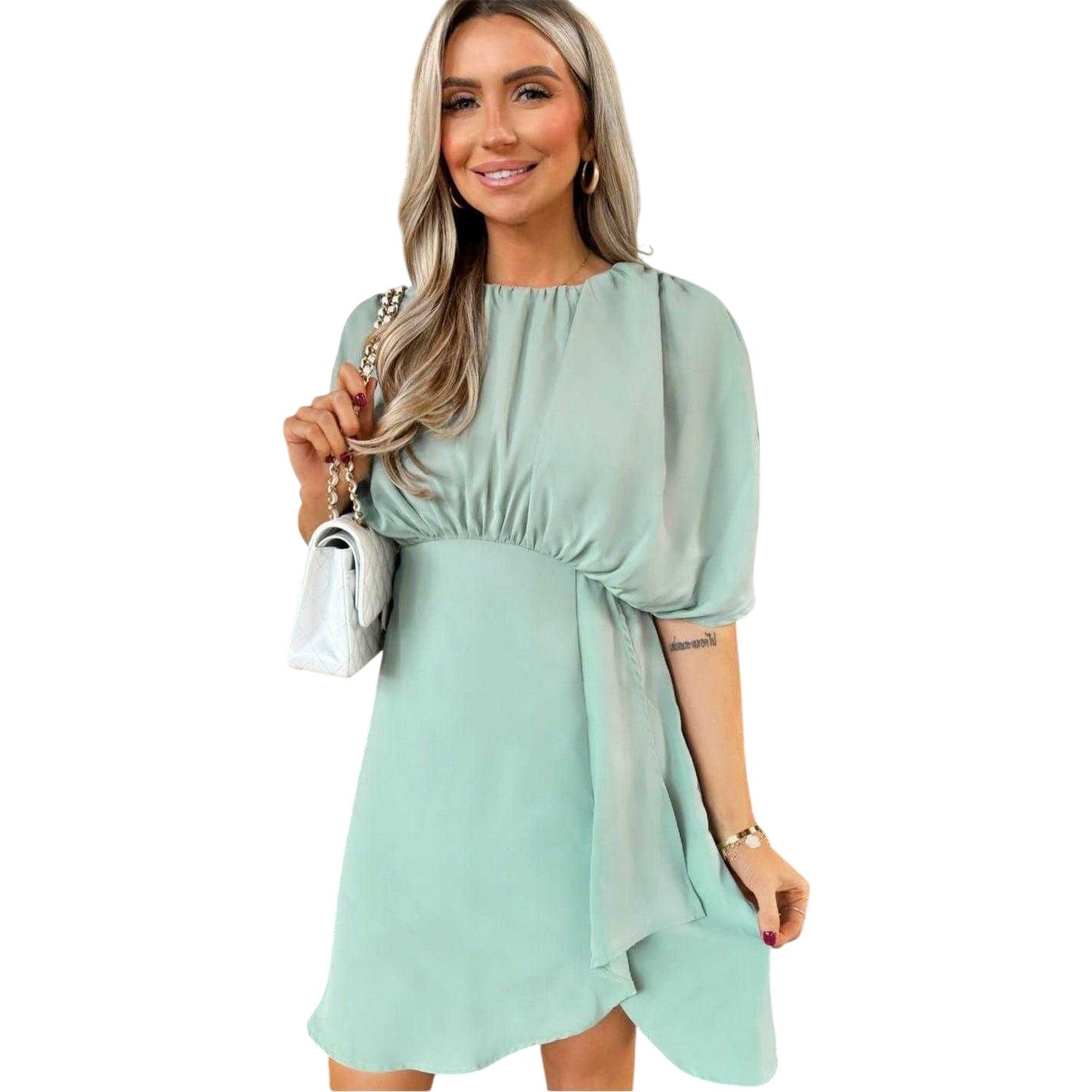 Duck Egg - Back - AX Paris Womens-Ladies Ruched Shoulders Batwing Sleeve Mini Dress