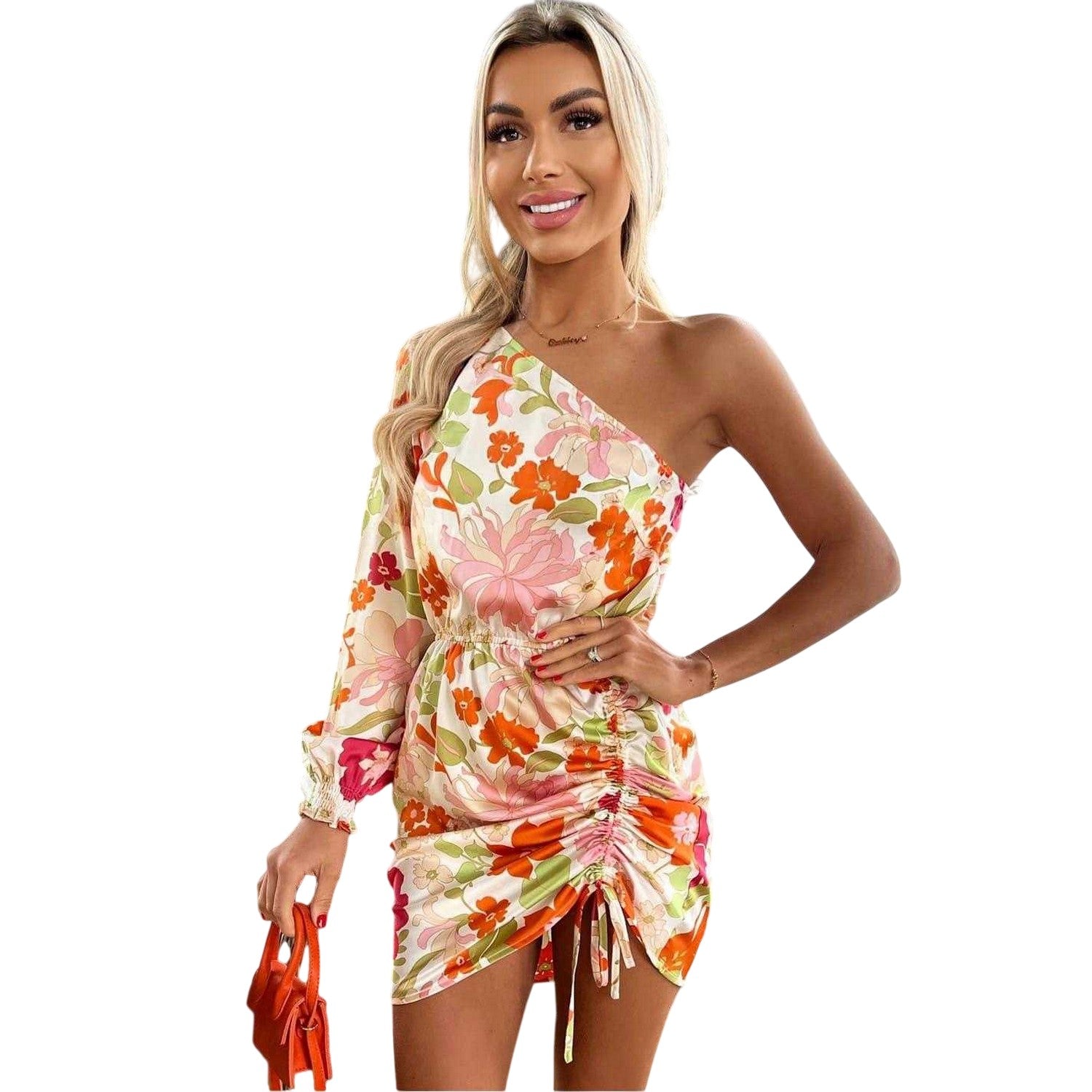 Multicoloured - Side - AX Paris Womens-Ladies Floral Ruched Side One Sleeve Mini Dress
