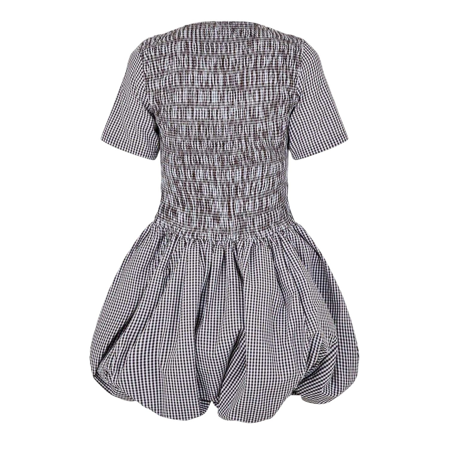 Brown - Back - AmyLynn Womens-Ladies Elenor Checked Crew Neck Short-Sleeved Mini Dress