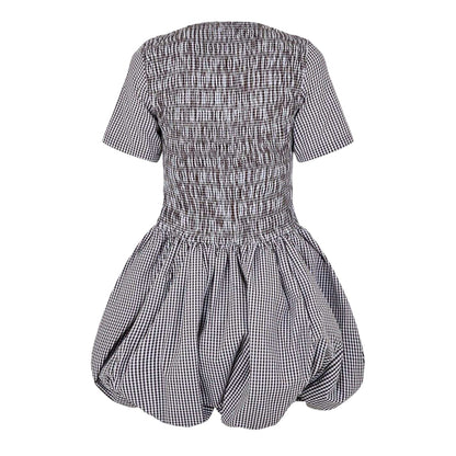 Brown - Back - AmyLynn Womens-Ladies Elenor Checked Crew Neck Short-Sleeved Mini Dress