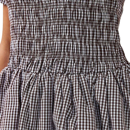 Brown - Side - AmyLynn Womens-Ladies Elenor Checked Crew Neck Short-Sleeved Mini Dress