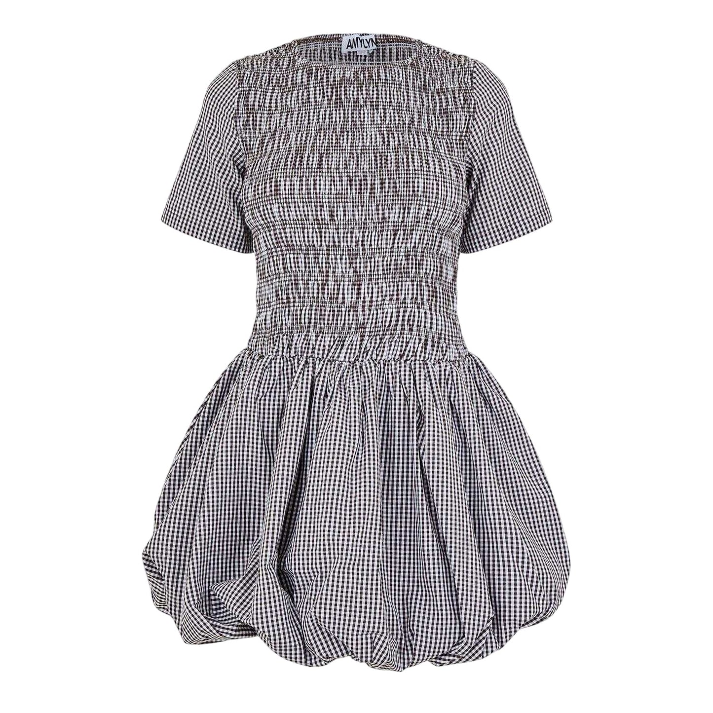 Brown - Front - AmyLynn Womens-Ladies Elenor Checked Crew Neck Short-Sleeved Mini Dress