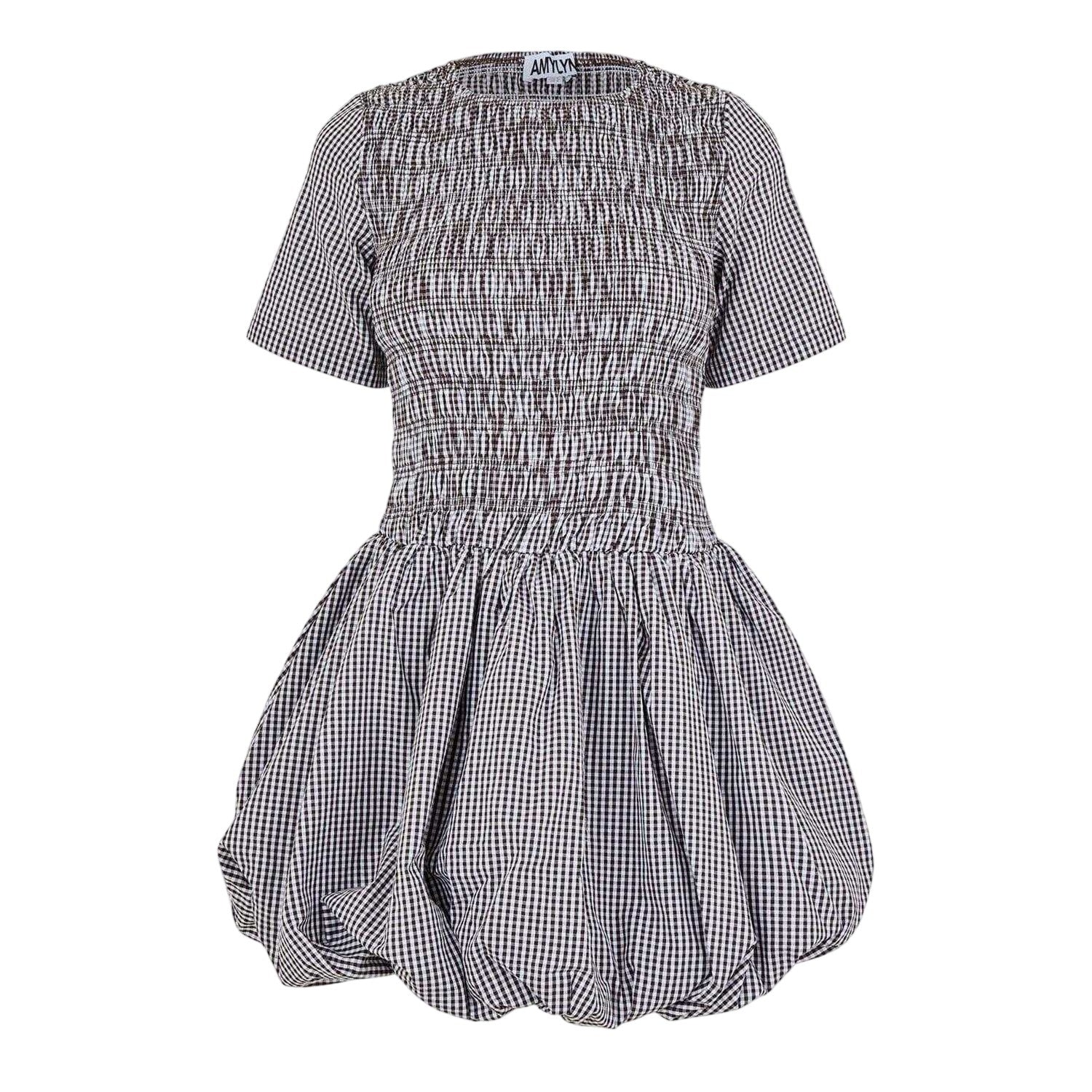 Brown - Front - AmyLynn Womens-Ladies Elenor Checked Crew Neck Short-Sleeved Mini Dress