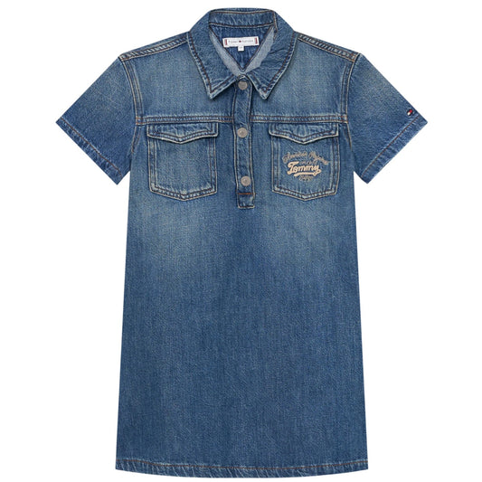 Blue - Front - Tommy Hilfiger Girls Denim Mini Shirt Dress