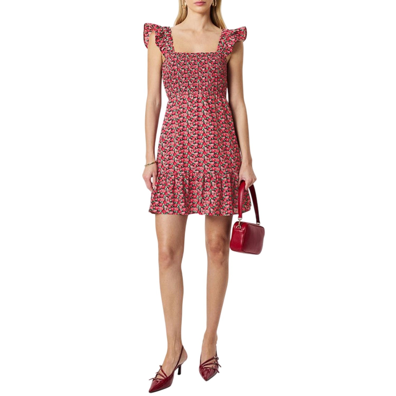 Red - Close up - AX Paris Womens-Ladies Floral Frill Shoulder Mini Dress