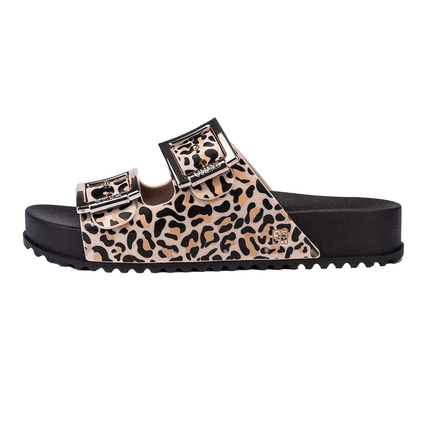 Beige - Back - Zaxy Womens-Ladies Leopard Print Double Buckle Sliders