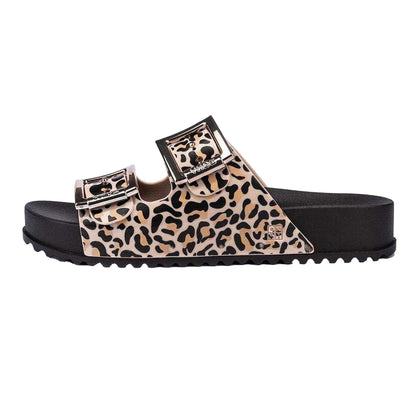 Beige - Back - Zaxy Womens-Ladies Leopard Print Double Buckle Sliders