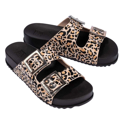 Beige - Side - Zaxy Womens-Ladies Leopard Print Double Buckle Sliders
