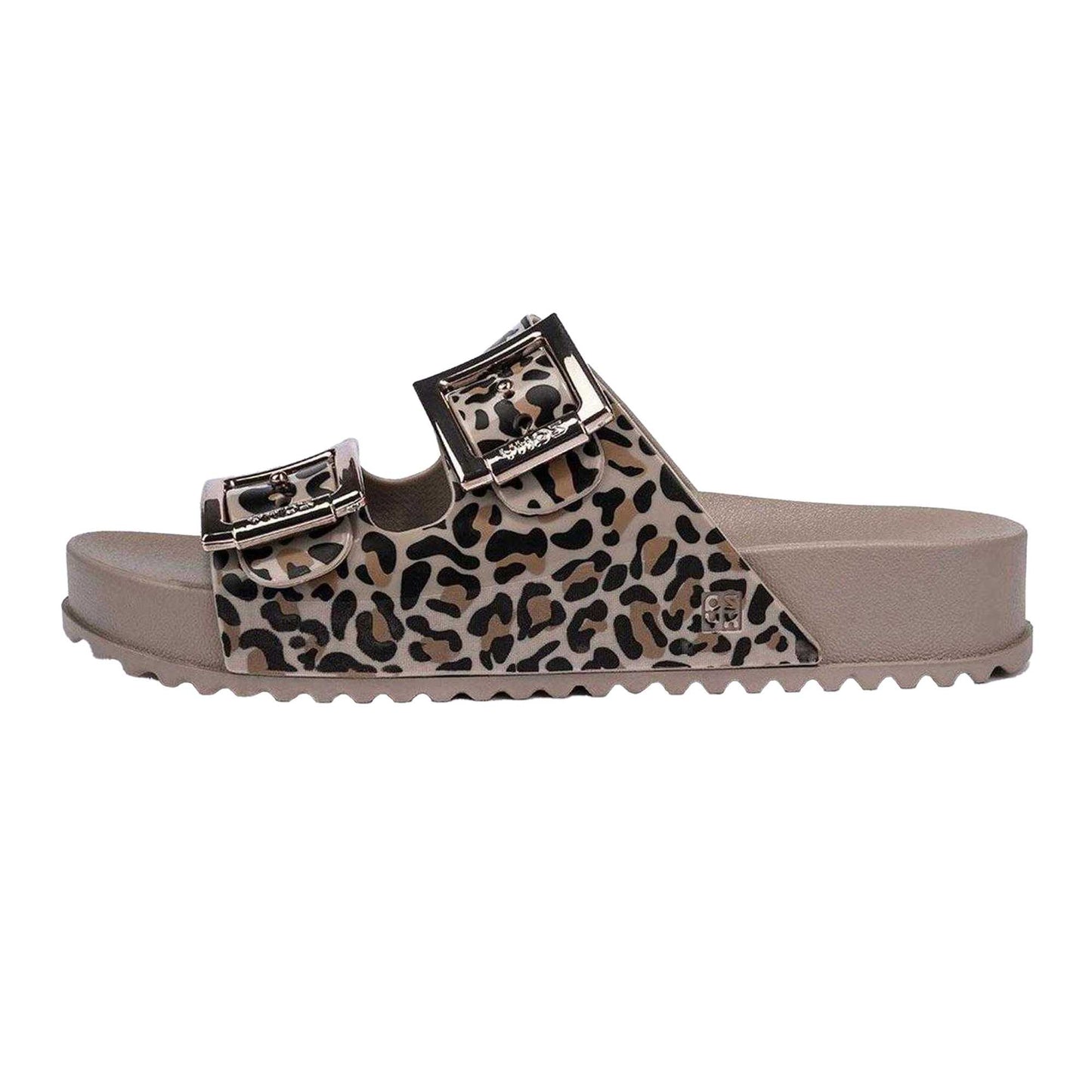 Brown - Back - Zaxy Womens-Ladies Leopard Print Double Buckle Sliders