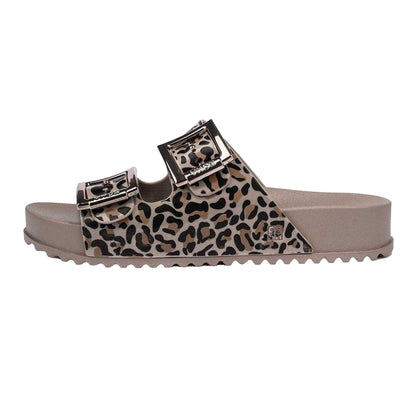 Brown - Back - Zaxy Womens-Ladies Leopard Print Double Buckle Sliders