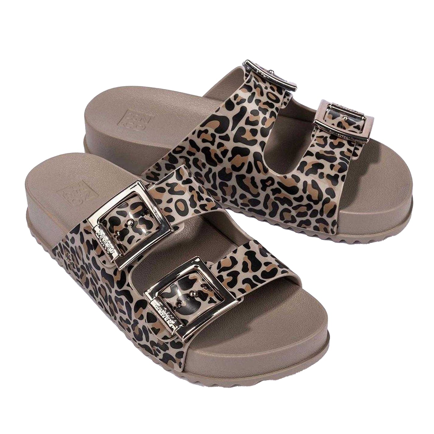 Brown - Side - Zaxy Womens-Ladies Leopard Print Double Buckle Sliders