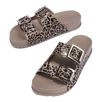 Brown - Lifestyle - Zaxy Womens-Ladies Leopard Print Double Buckle Sliders