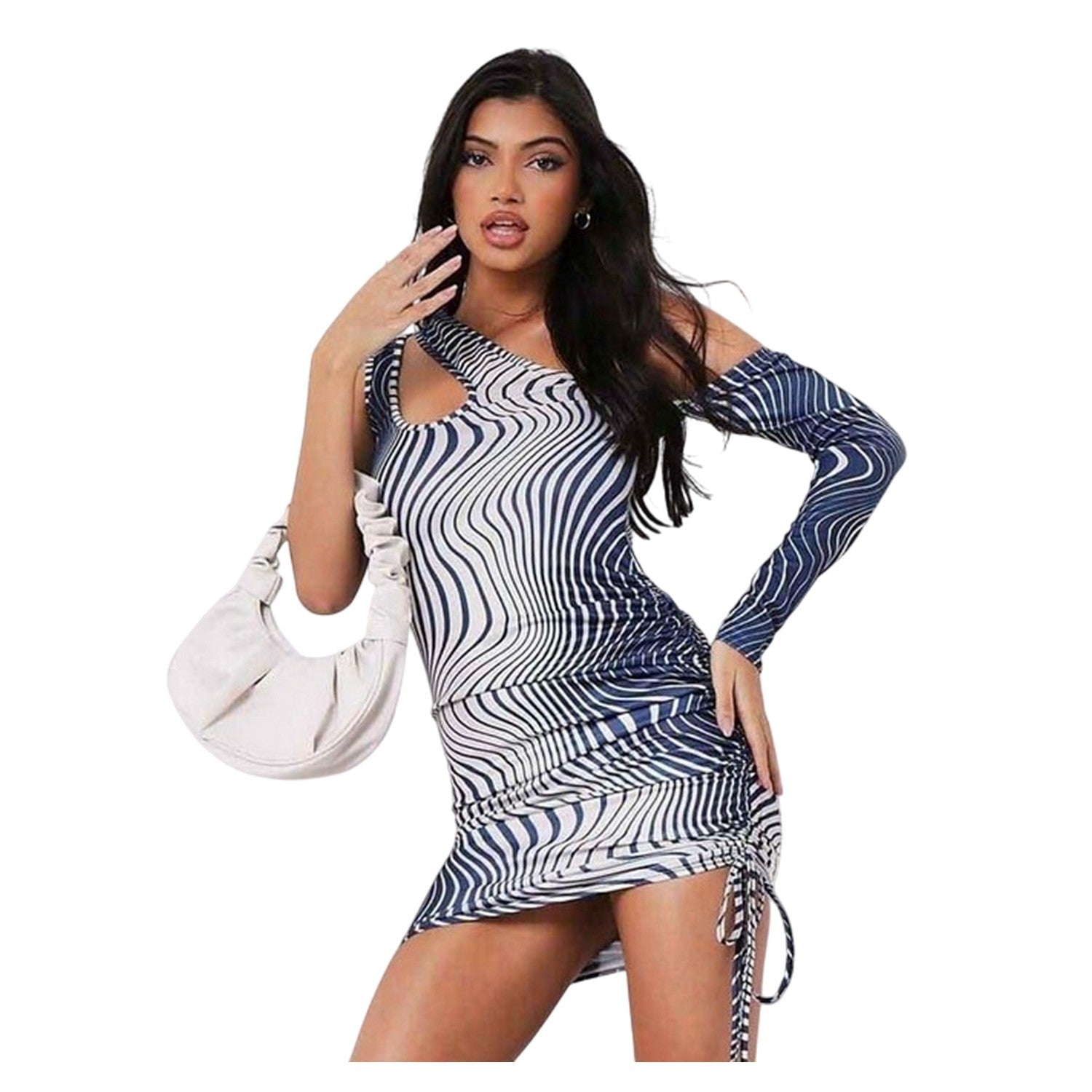Blue - Front - Missy Empire Womens-Ladies Cut Out Ruched One Sleeve Mini Dress