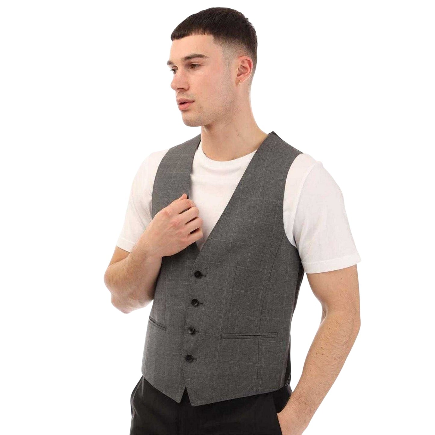 Grey - Side - Boss Mens Huge 6 Checked Virgin Wool Waistcoat