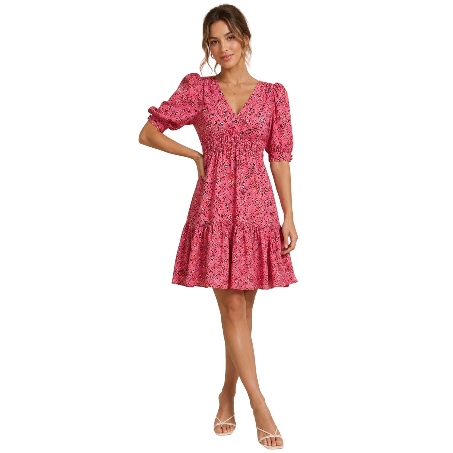 Pink Print - Back - Boss Womens-Ladies Dizziano V Neck Puff Sleeve Mini Dress