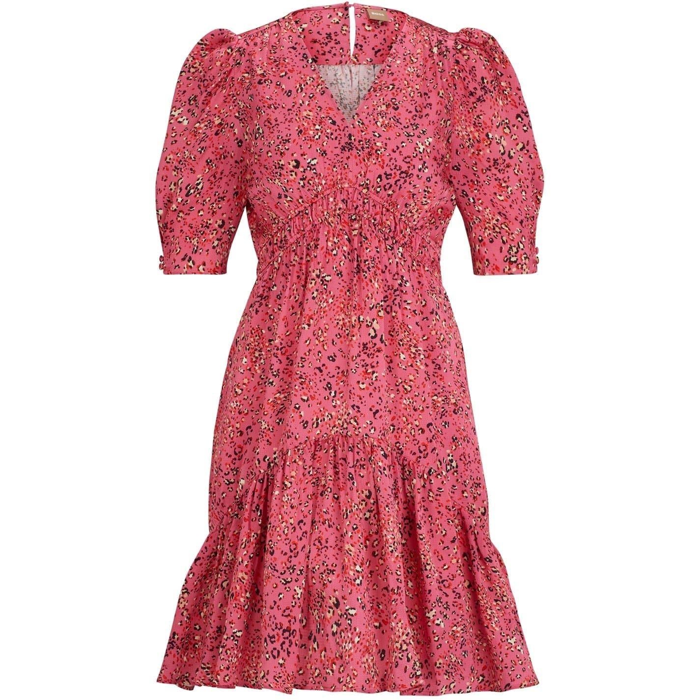 Pink - Front - Boss Womens-Ladies Dizziano V Neck Puff Sleeve Mini Dress