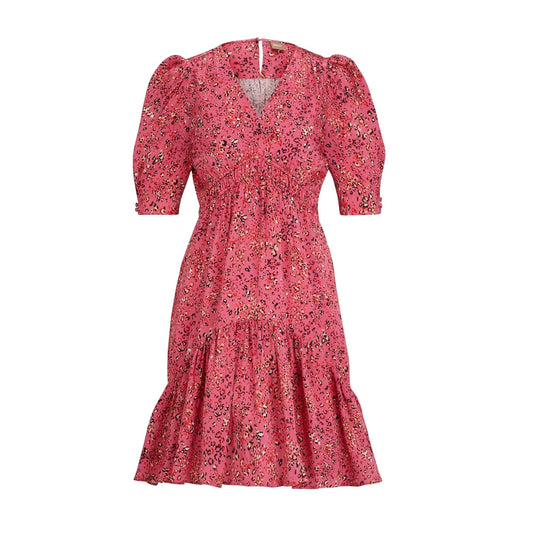 Pink Print - Front - Boss Womens-Ladies Dizziano V Neck Puff Sleeve Mini Dress