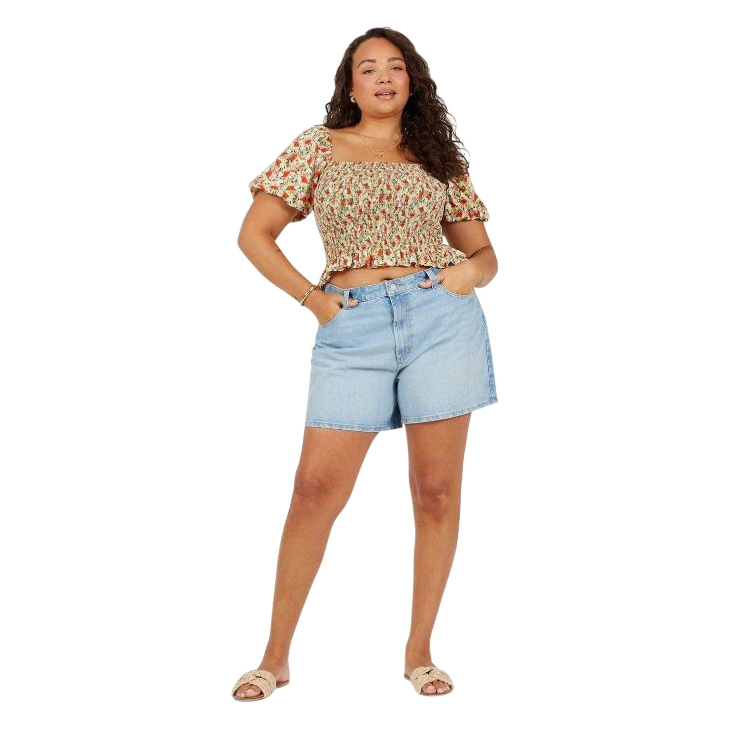 Red-Multicoloured - Side - Brave Soul Womens-Ladies Puff Sleeve Top