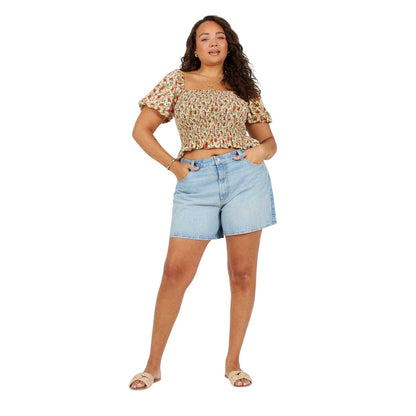 Red-Multicoloured - Side - Brave Soul Womens-Ladies Puff Sleeve Top