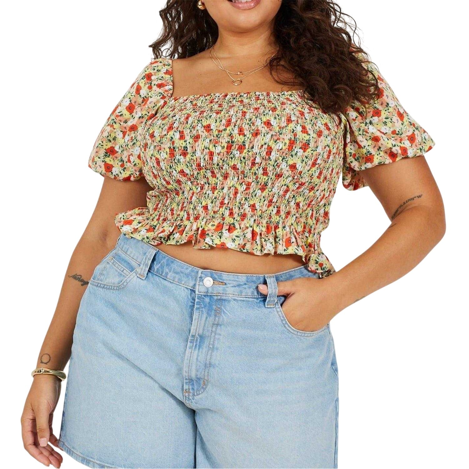 Red-Multicoloured - Front - Brave Soul Womens-Ladies Puff Sleeve Top