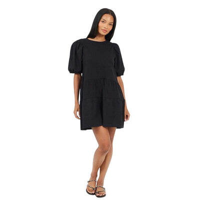 Black - Side - Brave Soul Womens-Ladies Crew Neck Puff Sleeve Mini Dress