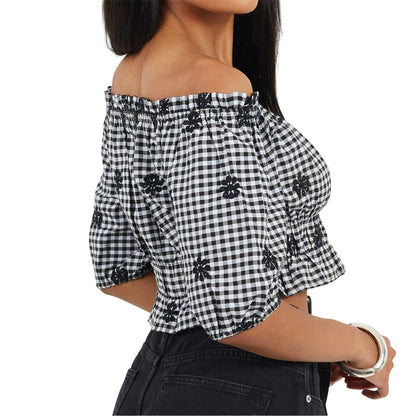 Black-White - Back - Brave Soul Womens-Ladies Anglaise Gingham Puff Sleeve Top