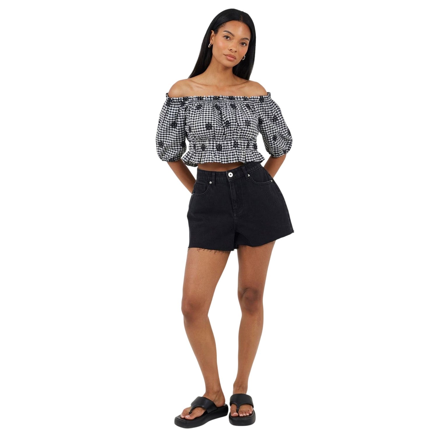 Black-White - Side - Brave Soul Womens-Ladies Anglaise Gingham Puff Sleeve Top