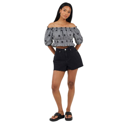 Black-White - Side - Brave Soul Womens-Ladies Anglaise Gingham Puff Sleeve Top