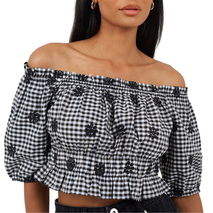Black-White - Front - Brave Soul Womens-Ladies Anglaise Gingham Puff Sleeve Top