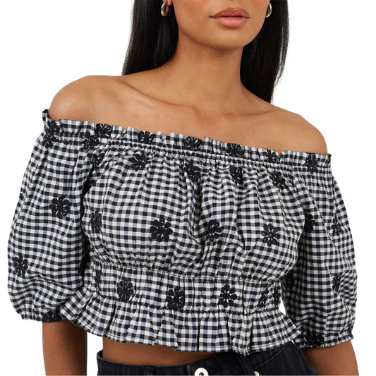 Black-White - Front - Brave Soul Womens-Ladies Anglaise Gingham Puff Sleeve Top