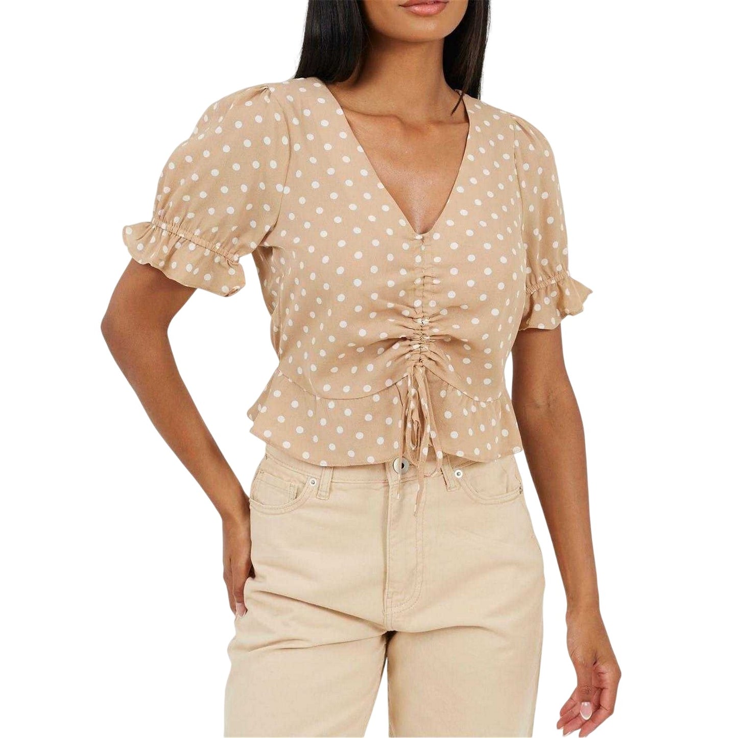 Stone-White - Front - Brave Soul Womens-Ladies Polka Dot Frill Top