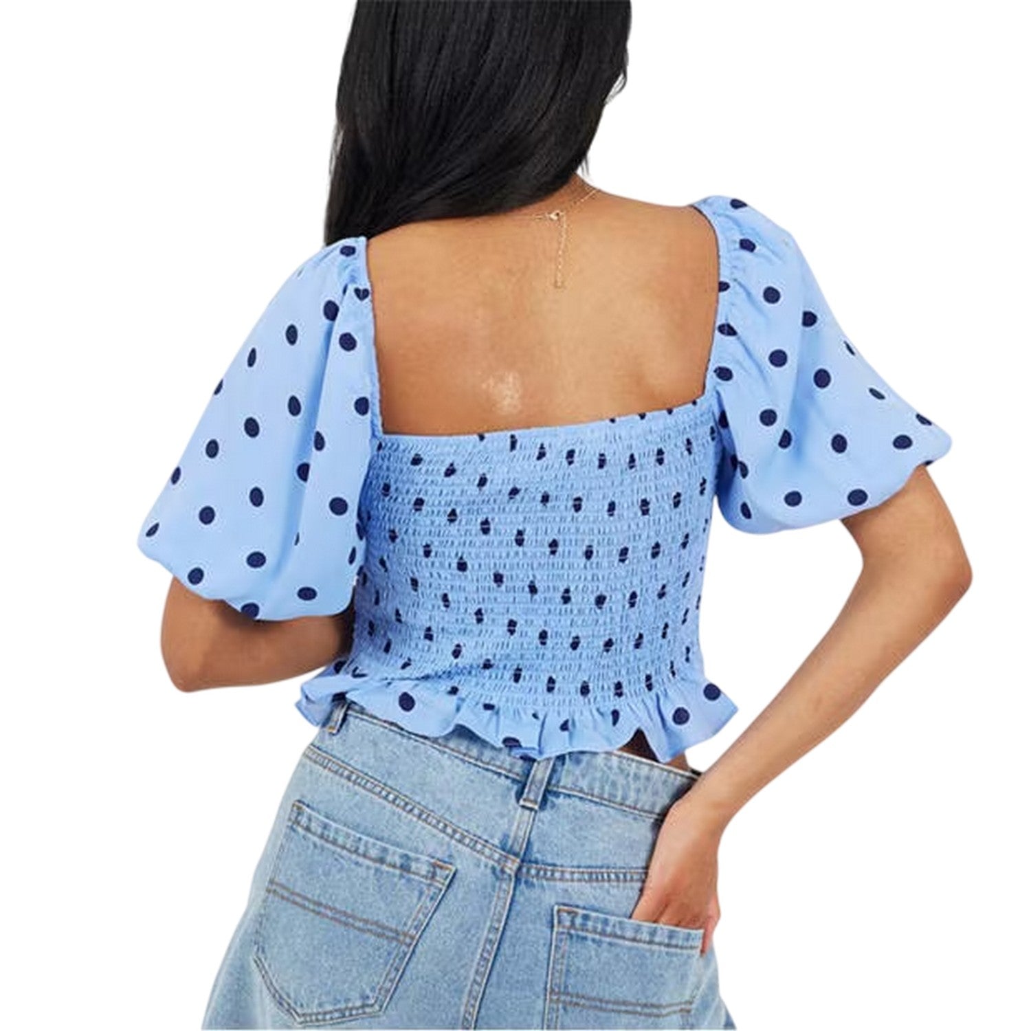 Blue-Navy - Back - Brave Soul Womens-Ladies Polka Dot Puff Sleeve Crop Top
