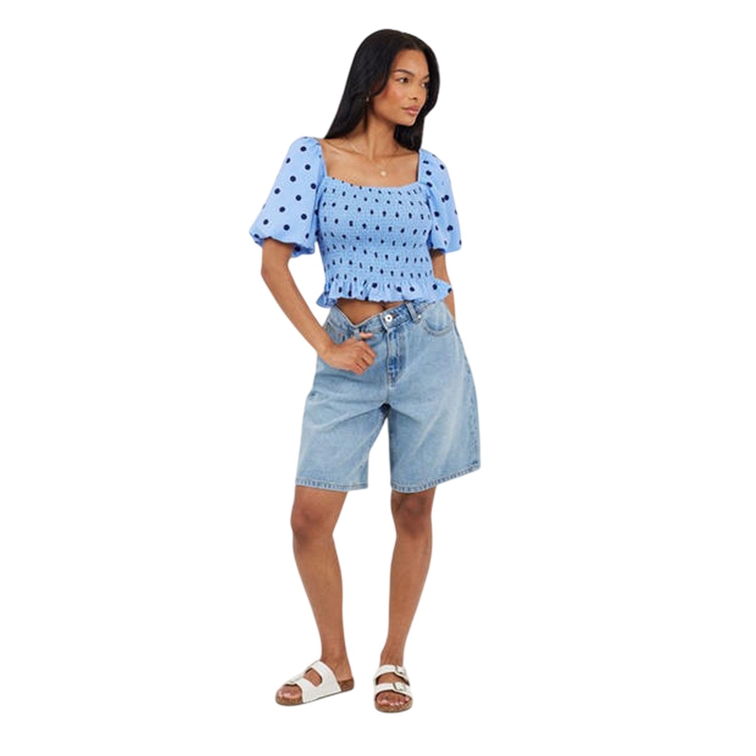 Blue-Navy - Side - Brave Soul Womens-Ladies Polka Dot Puff Sleeve Crop Top