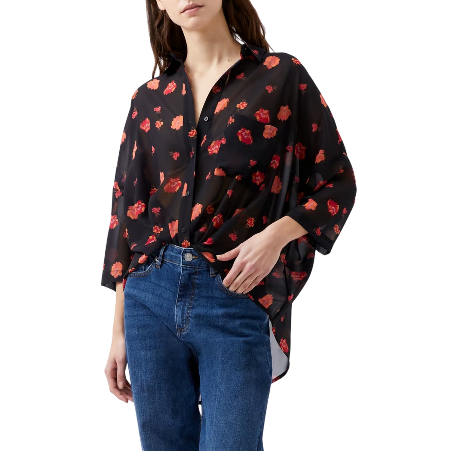 Marine-Multicoloured - Side - French Connection Womens-Ladies Floral Sheer Fabric Drop Shoulder Shirt