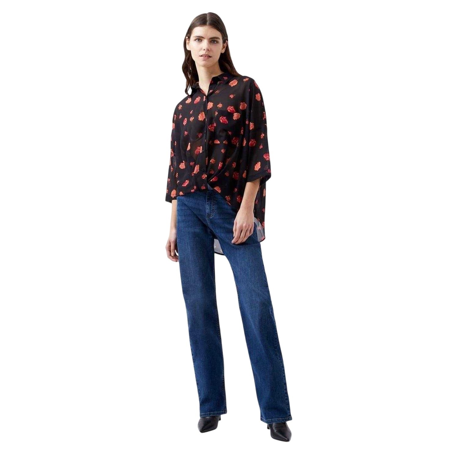 Marine-Multicoloured - Lifestyle - French Connection Womens-Ladies Floral Sheer Fabric Drop Shoulder Shirt