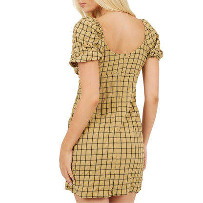 Mustard-Black - Back - Brave Soul Womens-Ladies Checked Square Neck Puff Sleeve Mini Dress