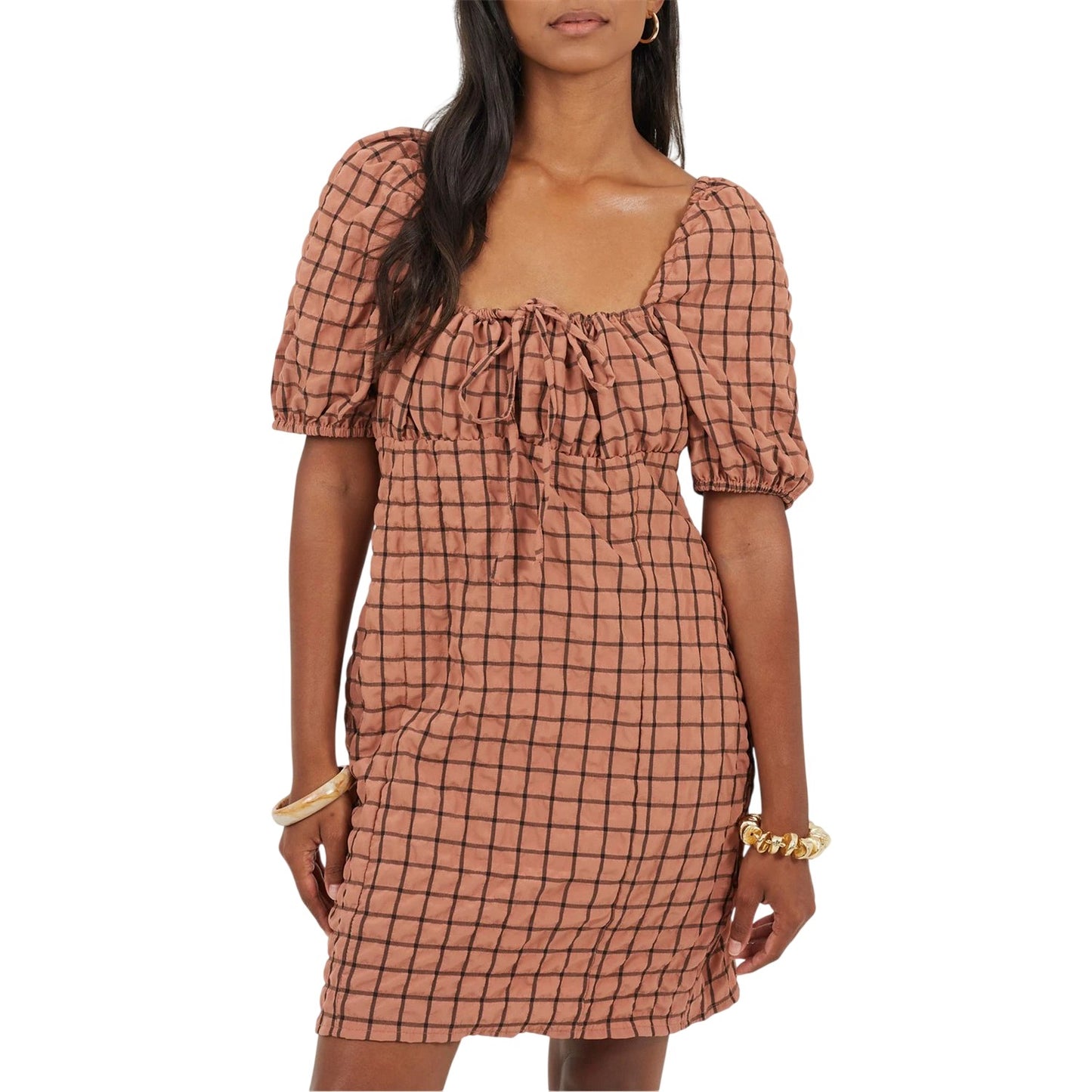 Rust-Black - Front - Brave Soul Womens-Ladies Checked Square Neck Puff Sleeve Mini Dress