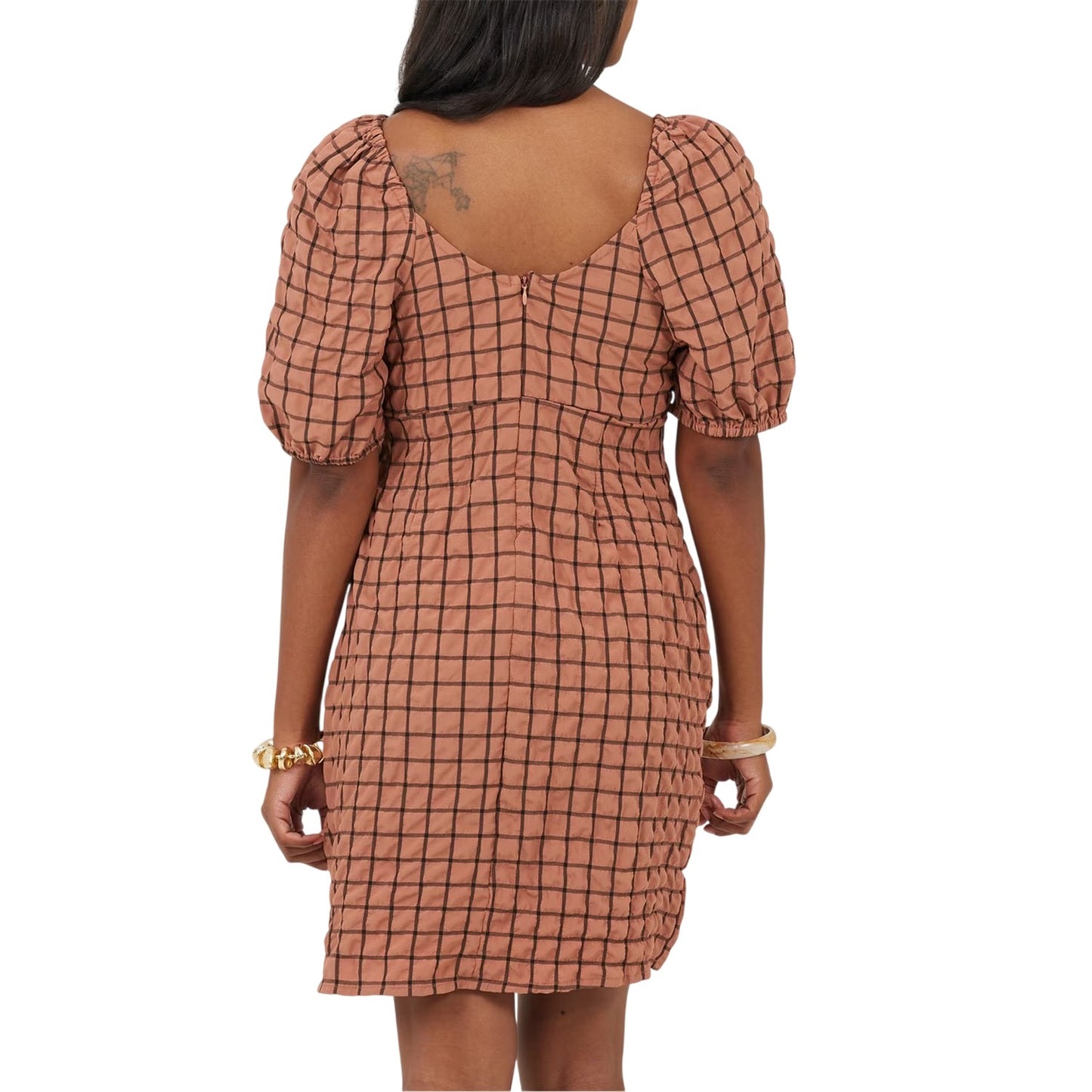 Rust-Black - Back - Brave Soul Womens-Ladies Checked Square Neck Puff Sleeve Mini Dress
