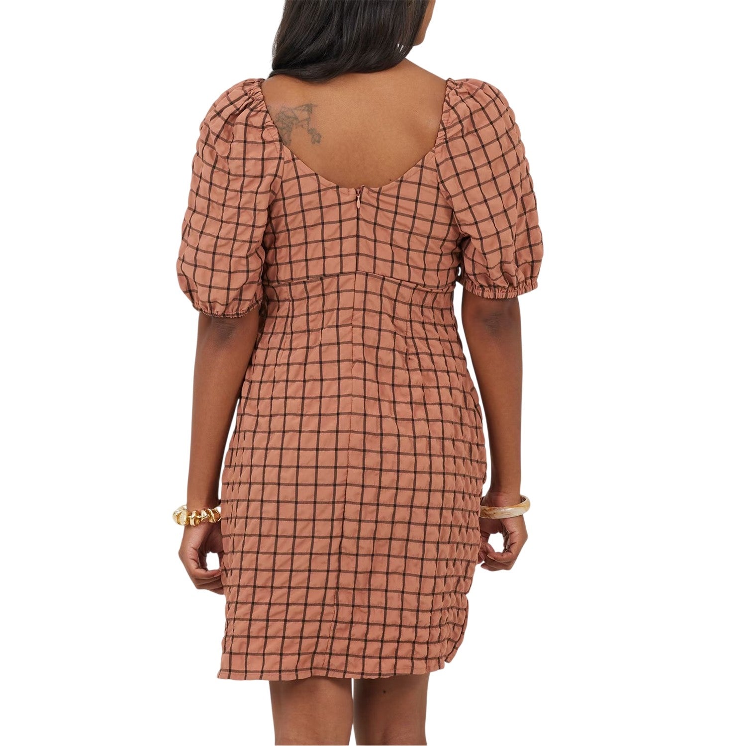 Rust-Black - Back - Brave Soul Womens-Ladies Checked Square Neck Puff Sleeve Mini Dress