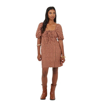 Rust-Black - Side - Brave Soul Womens-Ladies Checked Square Neck Puff Sleeve Mini Dress
