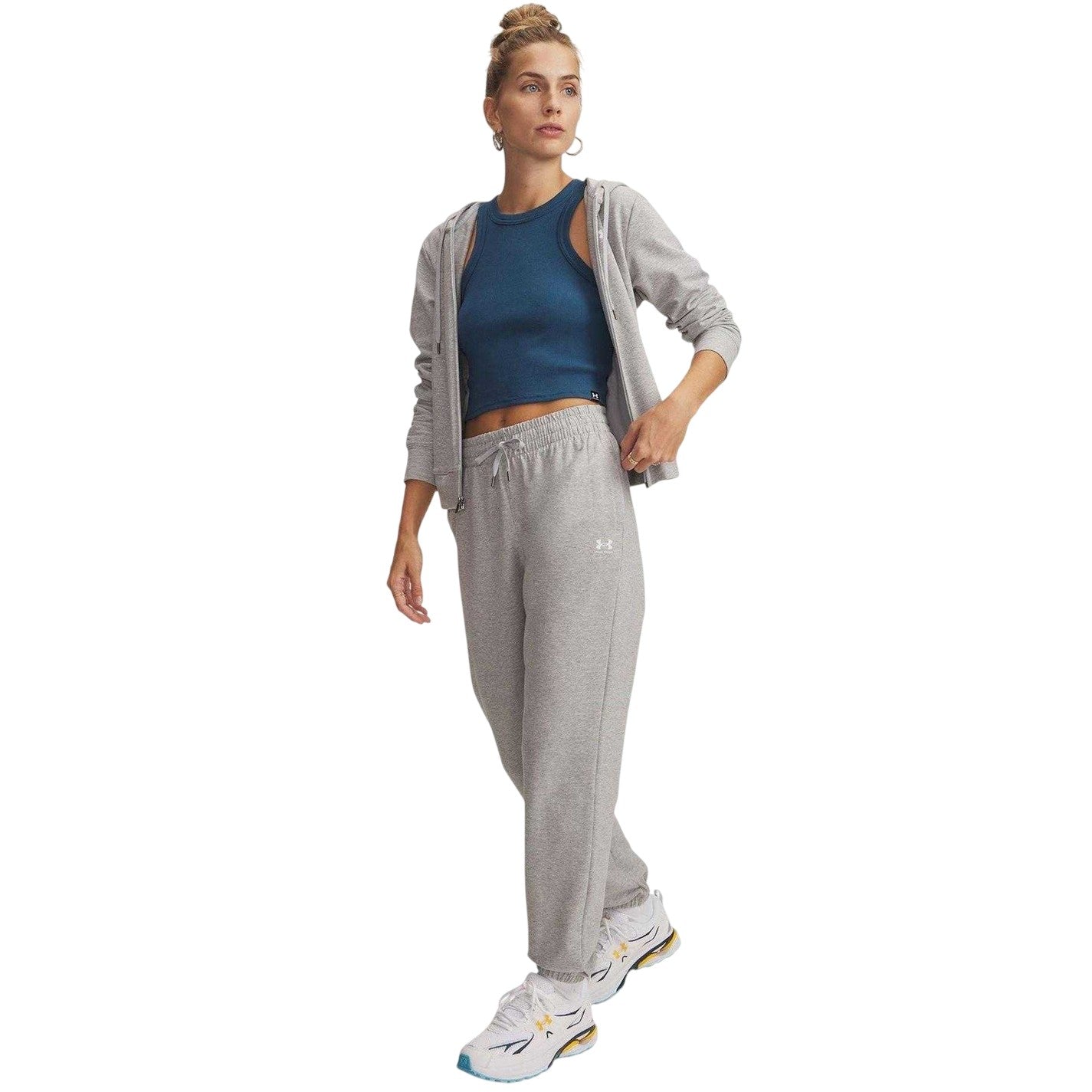 Grey-White - Side - Under Armour Womens-Ladies Terrycloth Tapered Joggers