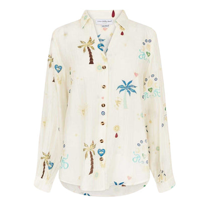 Cream - Front - Never Fully Dressed Womens-Ladies Palm Print Lyocell Long-Sleeved Shirt