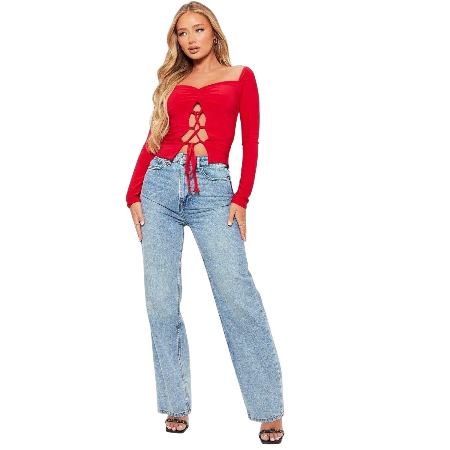 Red - Side - I Saw It First Womens-Ladies Lace Up Double Layered Ruched Bust Crop Top