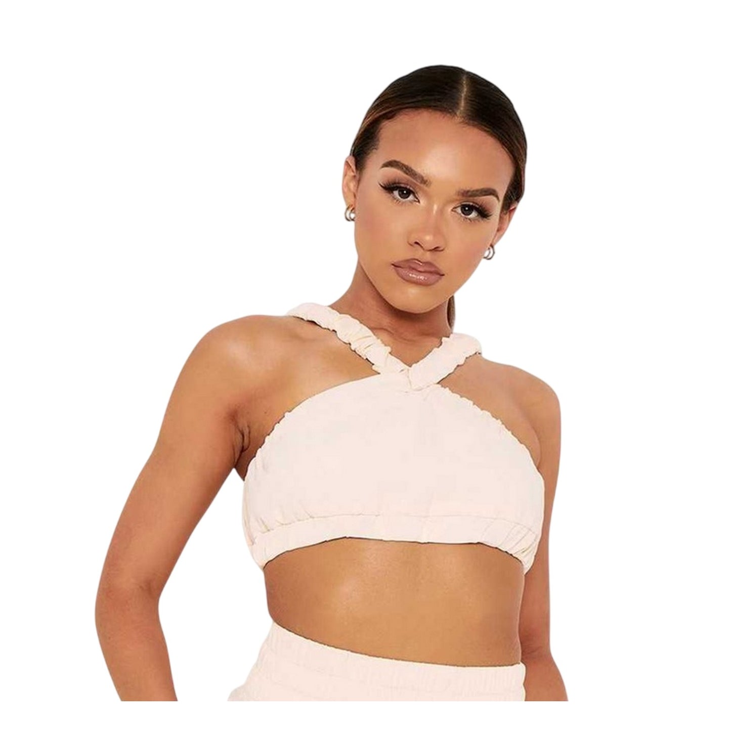 Cream - Front - Missy Empire Womens-Ladies Pleated Strappy Crop Top